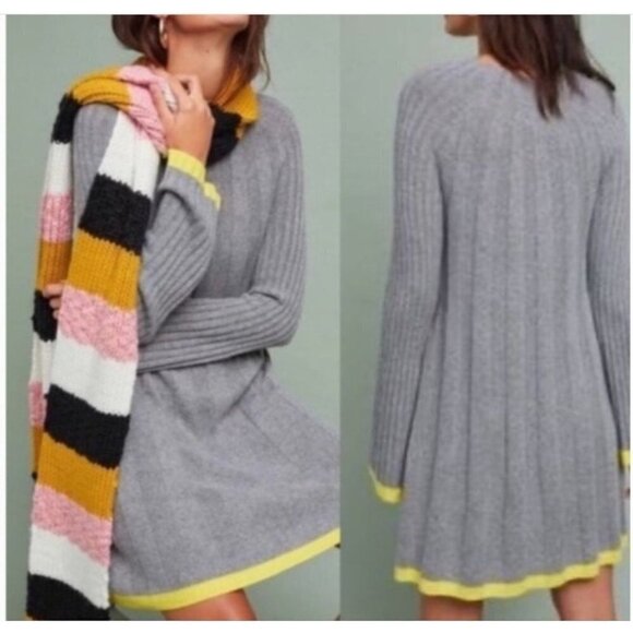 Anthropology Ribbed Knit Fit & Flare Gray Dress with Yellow Trim Women’s Small - Picture 1 of 12